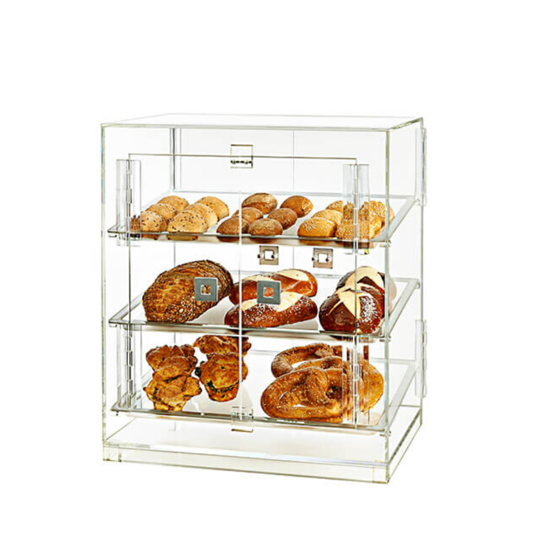 Clear acrylic bakery case with four doors ideal for displaying pastries and baked goods