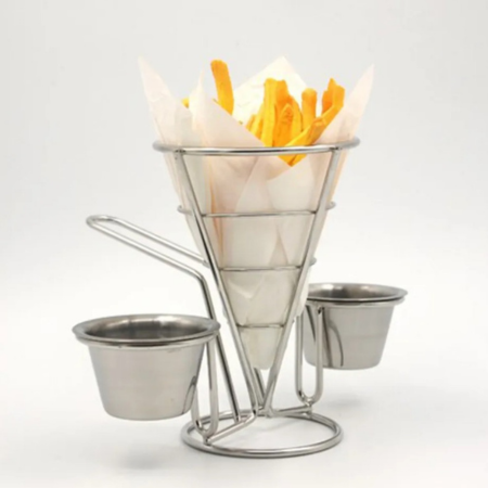 TopStyle Stainless Steel Chip Cone Holder with 2 Sauce Dishes