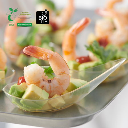 Shrimp cocktail in a clear BIO LITE container with compostable certification logo.