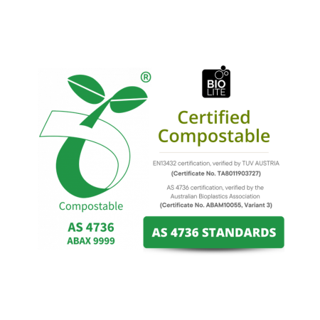 Certified compostable logo with certification details on a white background