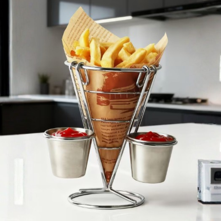 stainless steel chip cone holder with sauce holders
