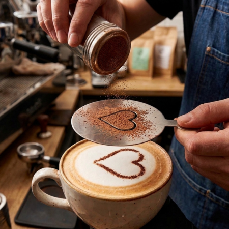 Custom heart-shaped latte stencil design dusted in cocoa powder over a cappuccino