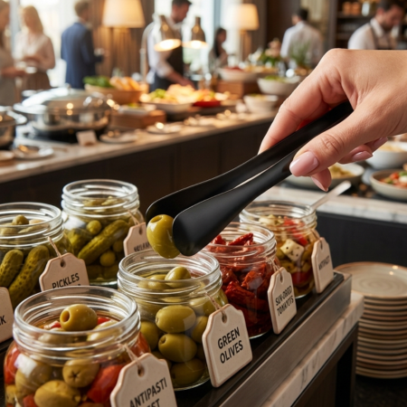condiment tong being used to serve olives