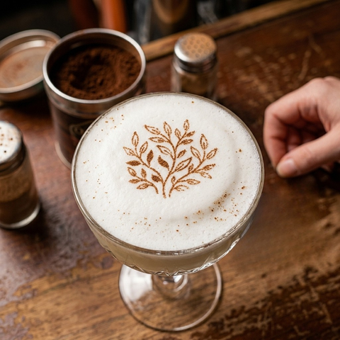 Custom stencil design used to garnish a cocktail with leaf-shaped latte art