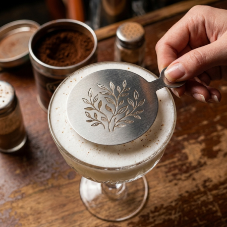 Barista using a custom stencil to design latte art on a cocktail-style drink