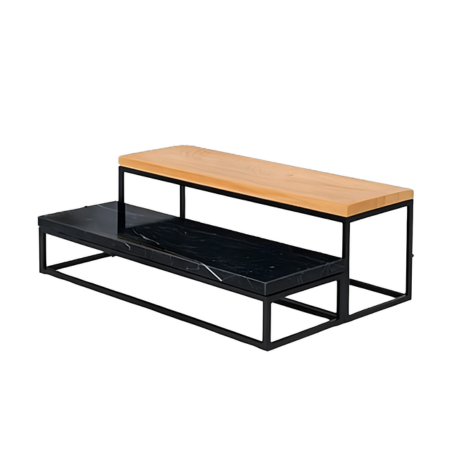 Two-level riser with wooden top and black lower shelf on a white background