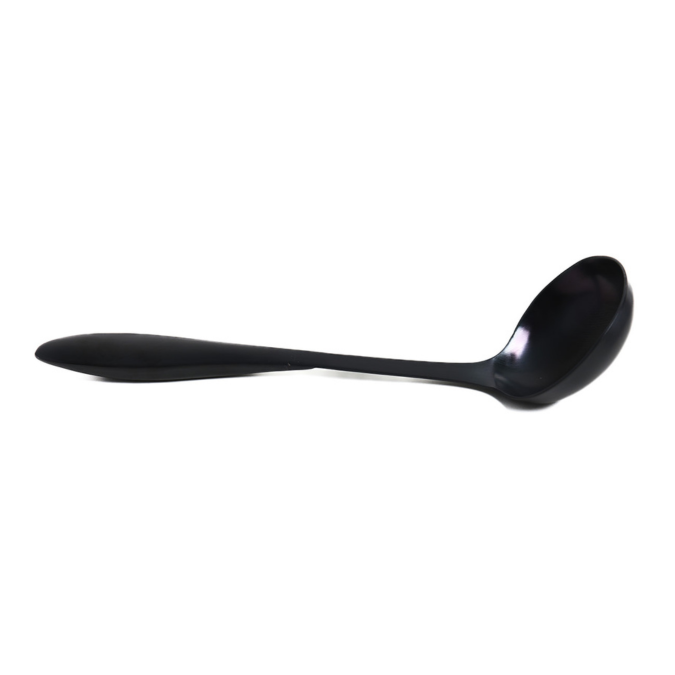 matte black serving ladle on a white background
