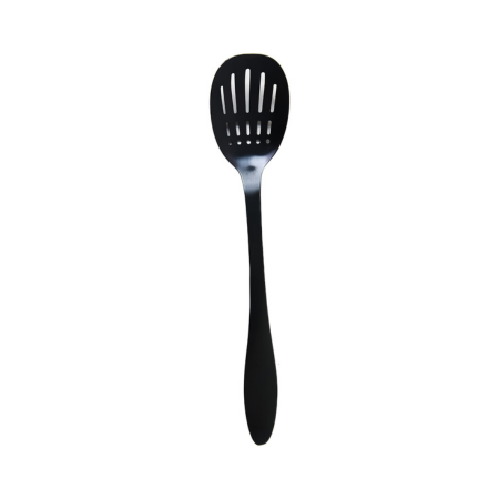 Black slotted spoon on a white background